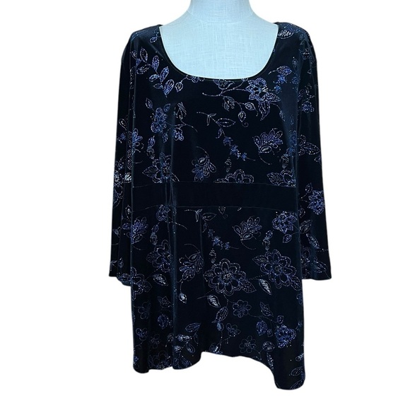 NWT Studio 1940 26/28W Black Velvet Sparkle Floral Bell Sleeve Shirt Holiday - Picture 1 of 7